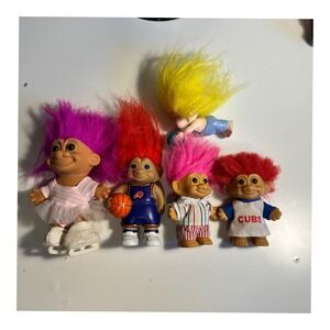 Russ Berrie Applause 3" Vintage Troll Doll Lot Multicolor Sports Cubs Skater 5pc